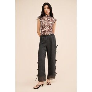 Lisa Says Gah Evelyn Black‎ Rose Side Tie Wide Leg Pants XS Floral Cut Out